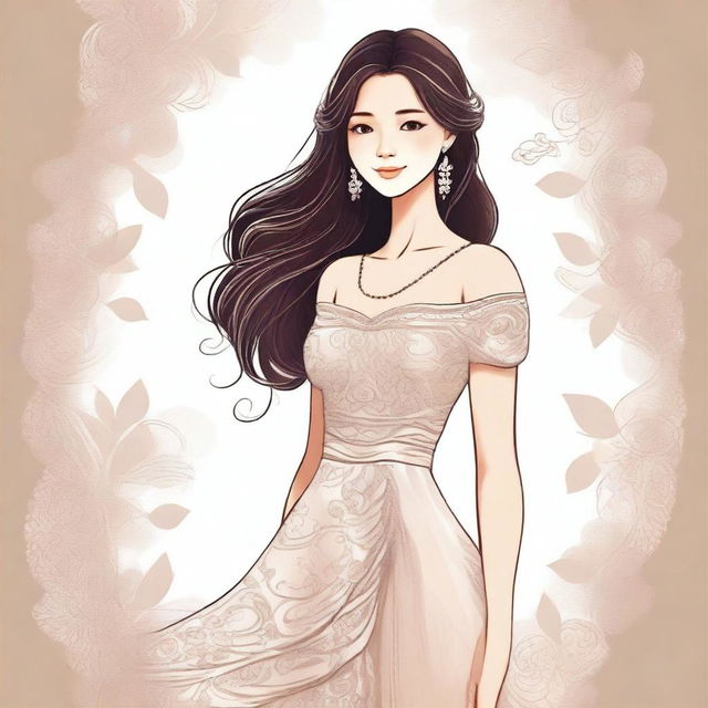 A detailed illustration of a girl wearing a beautiful dress