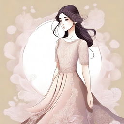 A detailed illustration of a girl wearing a beautiful dress