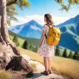 A young girl with a large backpack, wearing a beautiful dress