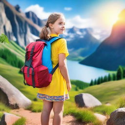 A young girl with a large backpack, wearing a beautiful dress