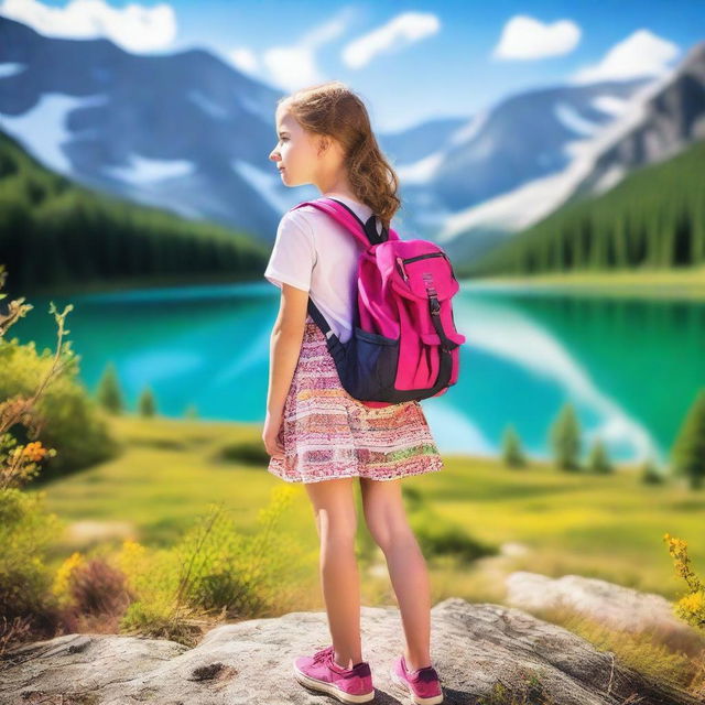 A young girl with a large backpack, wearing a beautiful dress