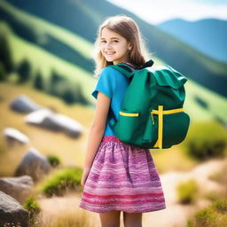 A young girl with a large backpack, wearing a beautiful dress