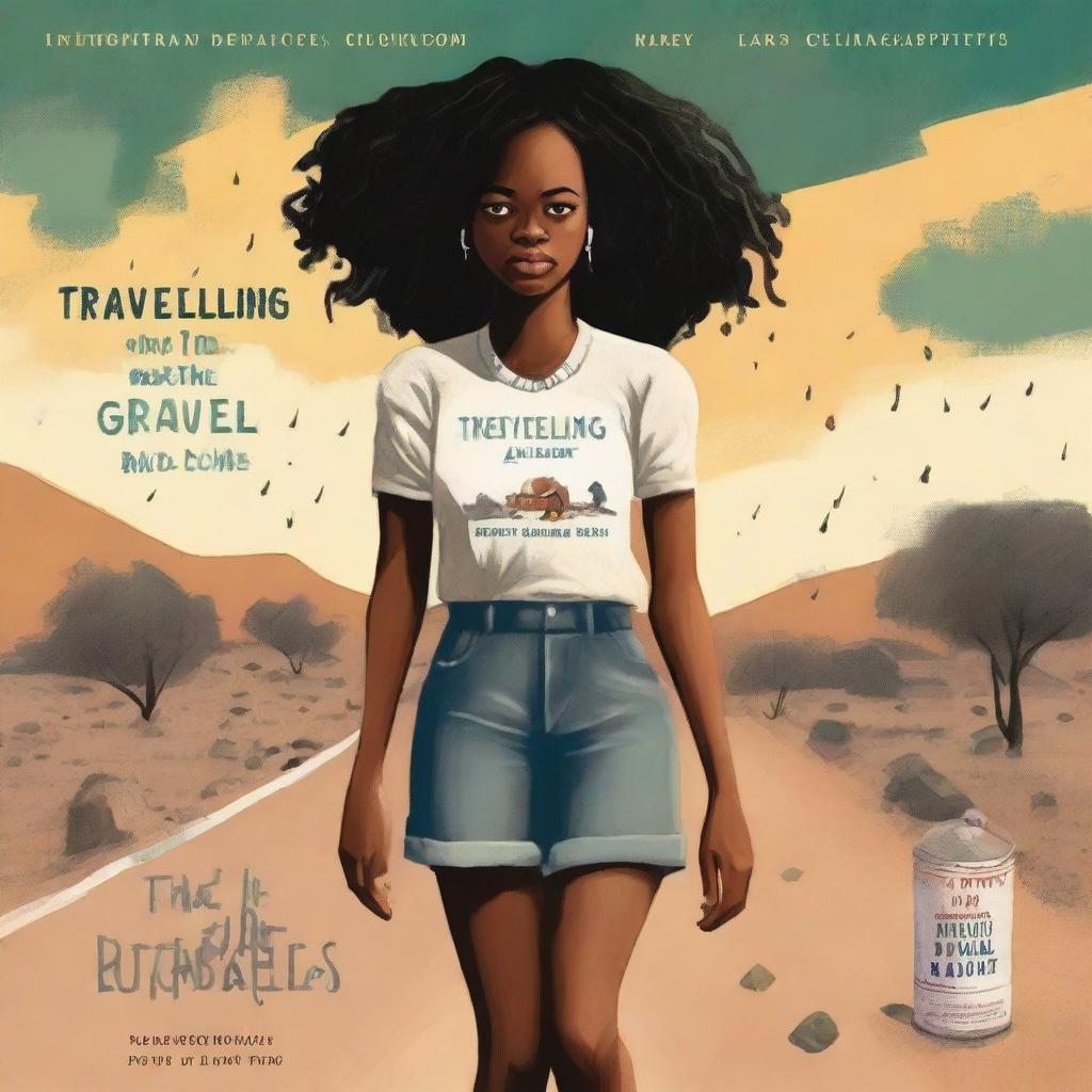 Create a book cover titled 'TRAVELLING IN THE GRAVEL ROAD ALONE' by Maureen Moyo