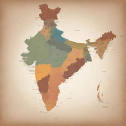 A detailed and geographically accurate map of India, highlighting its different states with a spectrum of earthy colors.