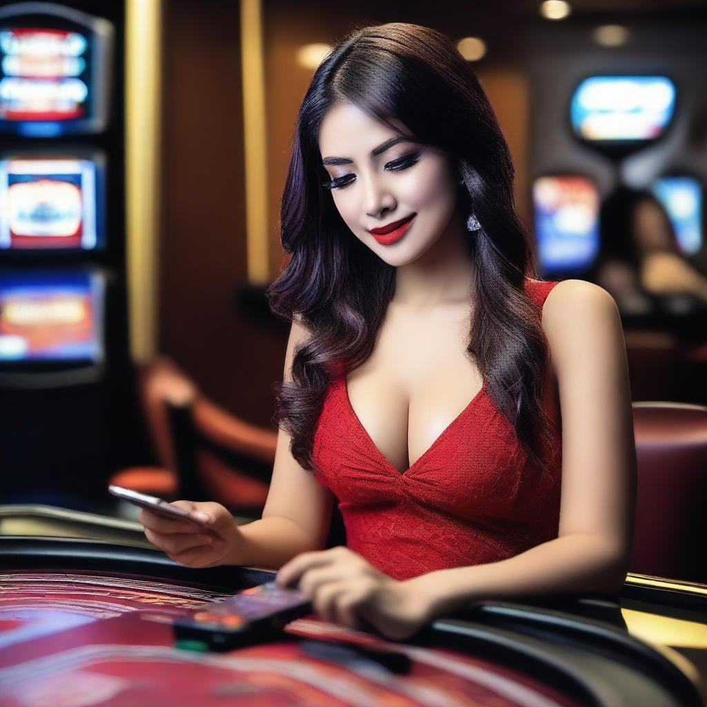 A sexy woman playing slot games on her mobile phone on the Djarum4D website