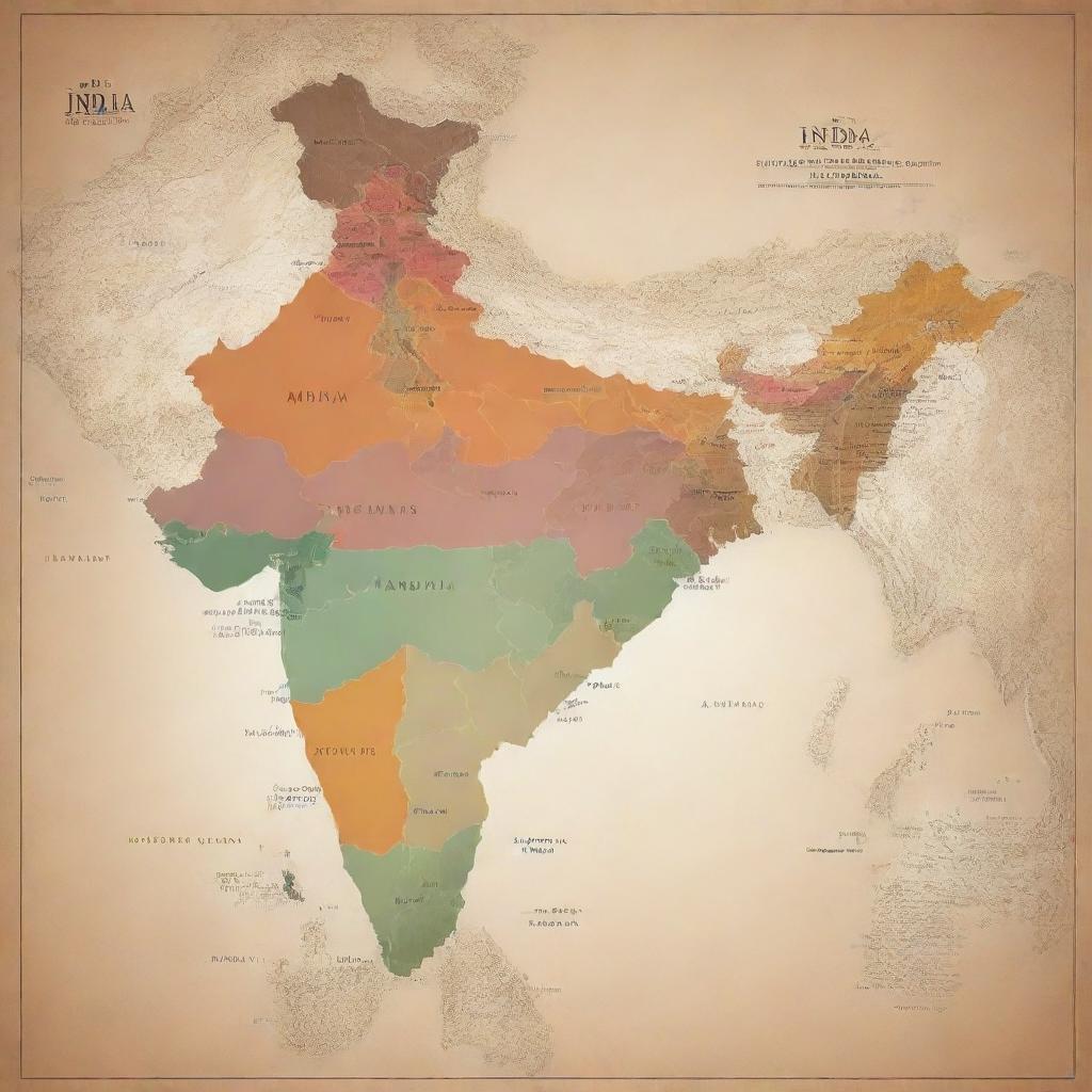 A detailed and geographically accurate map of India, highlighting its different states with a spectrum of earthy colors.