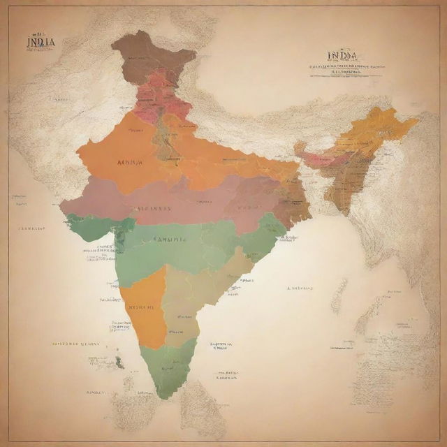 A detailed and geographically accurate map of India, highlighting its different states with a spectrum of earthy colors.