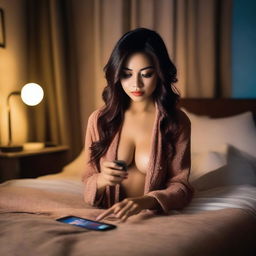 A sexy woman playing slot games on her mobile phone in a bedroom