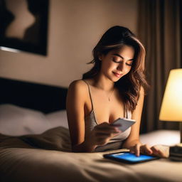 A sexy woman playing slot games on her mobile phone in a bedroom