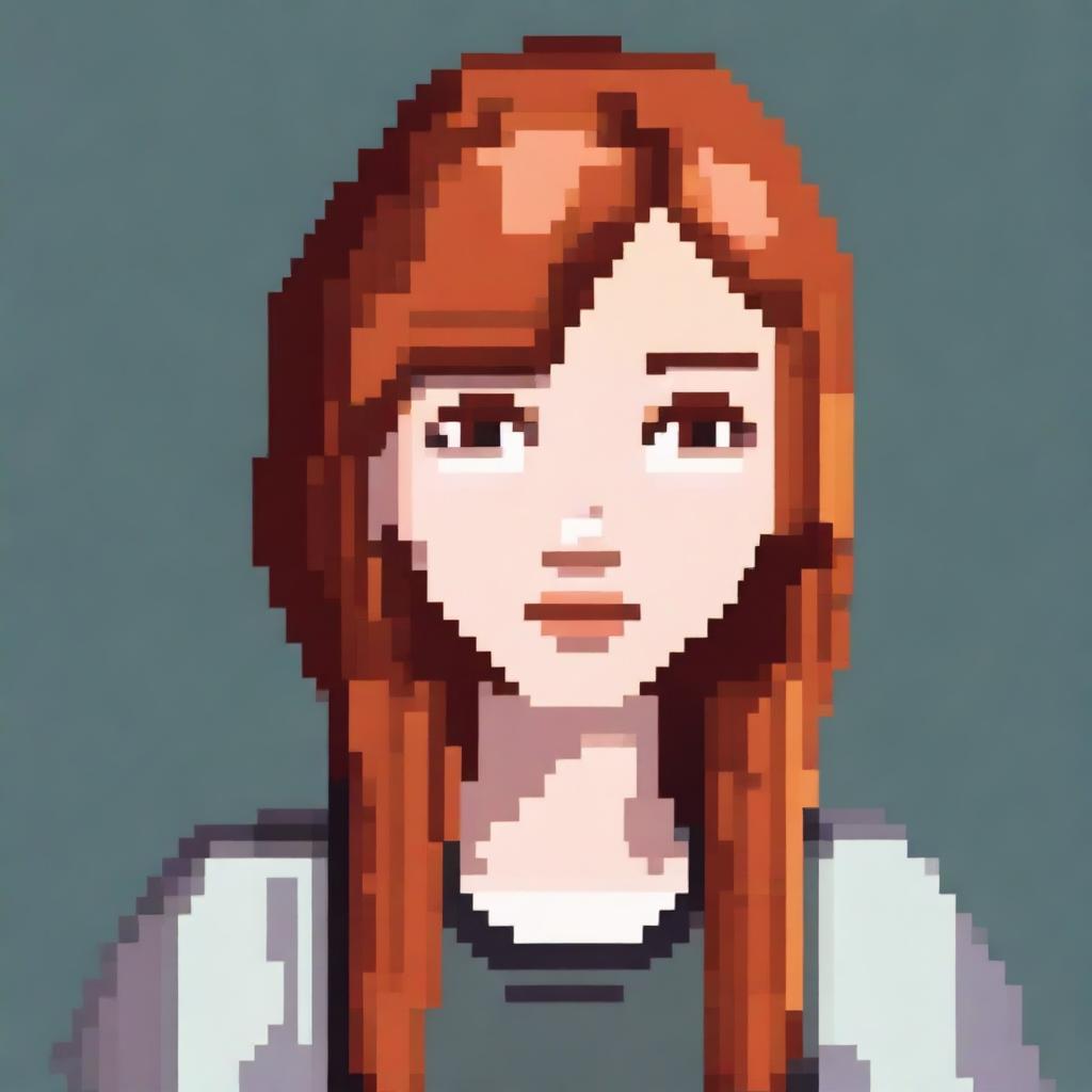 A pixel art portrait of a young woman with ginger hair