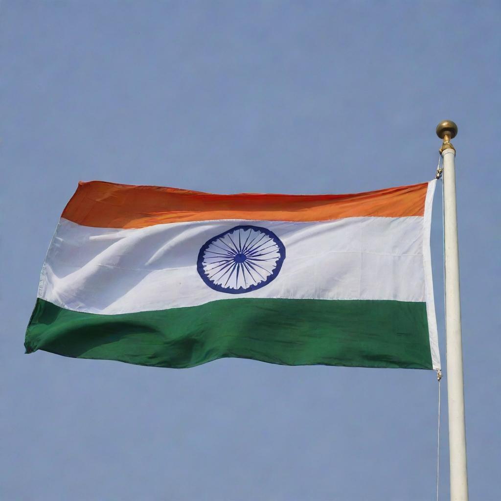 The national flag of India with its horizontal tricolor of deep saffron, white, and green; In the center, a navy blue wheel with 24 spokes, known as the Ashoka Chakra.