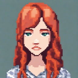 A pixel art portrait of a young woman with ginger hair