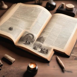 An open history book placed on a wooden table