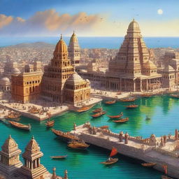 A majestic depiction of the ancient city of Dwarka, with grand temples, elaborate palaces, and bustling marketplaces