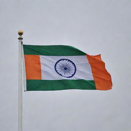 The national flag of India with its horizontal tricolor of deep saffron, white, and green; In the center, a navy blue wheel with 24 spokes, known as the Ashoka Chakra.