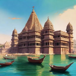 A majestic depiction of the ancient city of Dwarka, with grand temples, elaborate palaces, and bustling marketplaces