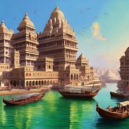 A majestic depiction of the ancient city of Dwarka, with grand temples, elaborate palaces, and bustling marketplaces