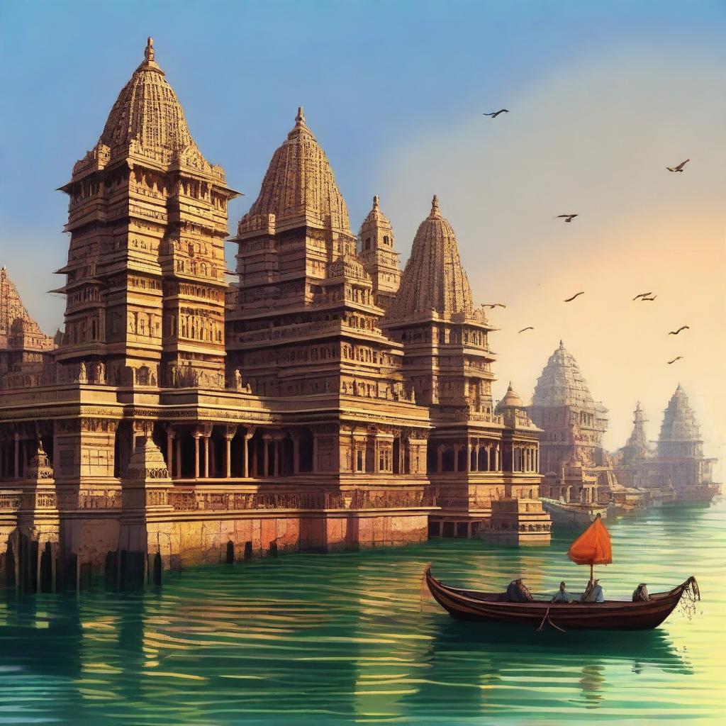 A majestic depiction of the ancient city of Dwarka, with grand temples, elaborate palaces, and bustling marketplaces