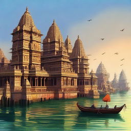 A majestic depiction of the ancient city of Dwarka, with grand temples, elaborate palaces, and bustling marketplaces