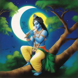 A night scene in Vrindavan featuring Shree Krishna sitting up in a tree, playing his flute under a full moon