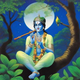 A night scene in Vrindavan featuring Shree Krishna sitting up in a tree, playing his flute under a full moon