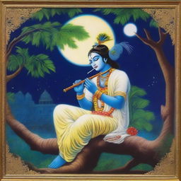 A night scene in Vrindavan featuring Shree Krishna sitting up in a tree, playing his flute under a full moon