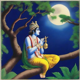 A night scene in Vrindavan featuring Shree Krishna sitting up in a tree, playing his flute under a full moon