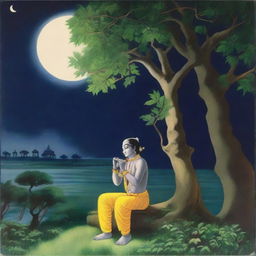 A night scene in Vrindavan with a full moon shining brightly