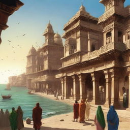 An artistic depiction of the ancient city of Dwarka, showcasing its grand architecture, bustling marketplaces, and serene coastal scenery