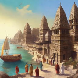 An artistic depiction of the ancient city of Dwarka, showcasing its grand architecture, bustling marketplaces, and serene coastal scenery