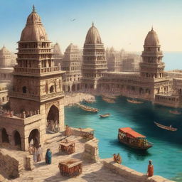 An artistic depiction of the ancient city of Dwarka, showcasing its grand architecture, bustling marketplaces, and serene coastal scenery