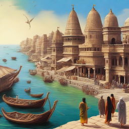 An artistic depiction of the ancient city of Dwarka, showcasing its grand architecture, bustling marketplaces, and serene coastal scenery