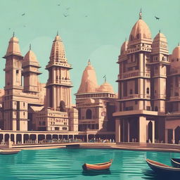 A beautiful depiction of the modern city of Dwarka, highlighting its impressive skyline, contemporary architecture, and vibrant urban life