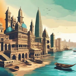 A beautiful depiction of the modern city of Dwarka, highlighting its impressive skyline, contemporary architecture, and vibrant urban life