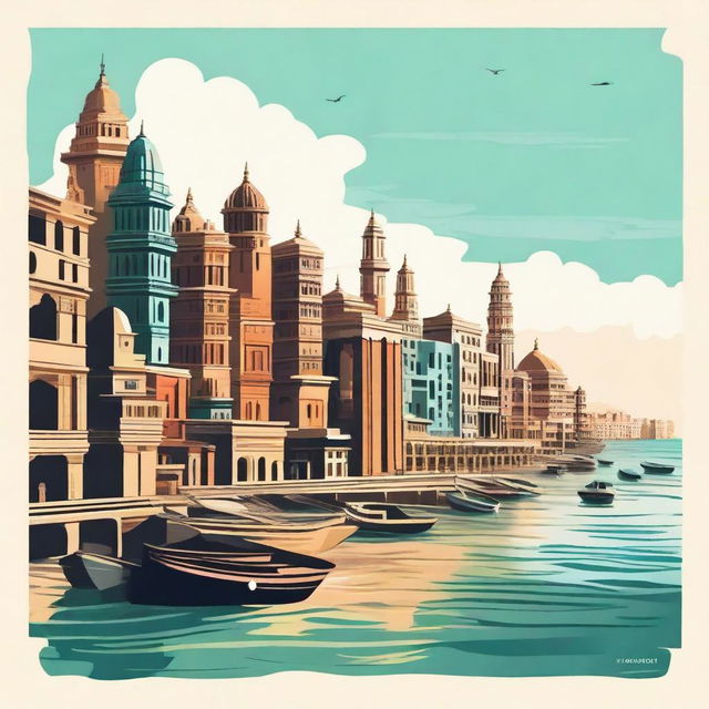 A beautiful depiction of the modern city of Dwarka, highlighting its impressive skyline, contemporary architecture, and vibrant urban life