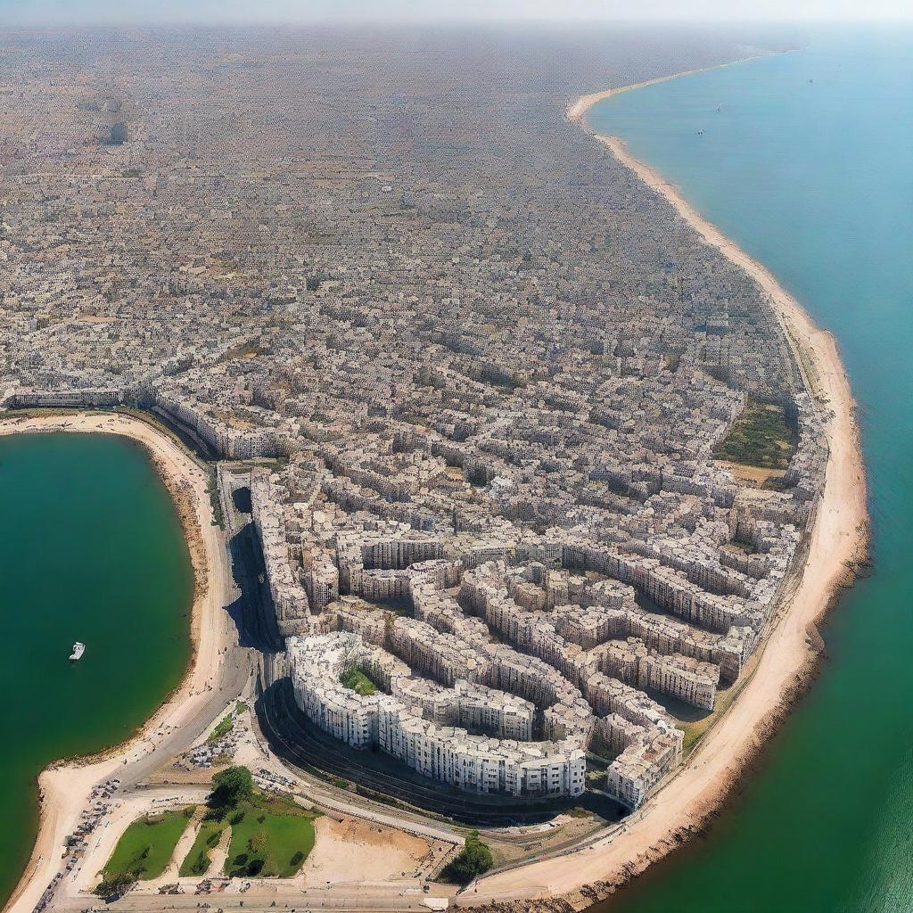 An aerial view of Dwarka city, capturing its sprawling urban landscape, modern buildings, and key landmarks