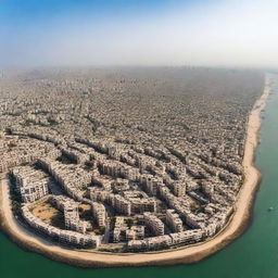 An aerial view of Dwarka city, capturing its sprawling urban landscape, modern buildings, and key landmarks