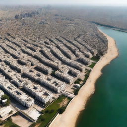 An aerial view of Dwarka city, capturing its sprawling urban landscape, modern buildings, and key landmarks