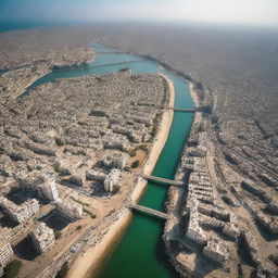 An aerial view of Dwarka city, capturing its sprawling urban landscape, modern buildings, and key landmarks