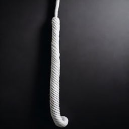 A detailed image of a white whip hanging on a black wall