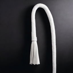 A detailed image of a white whip hanging on a black wall