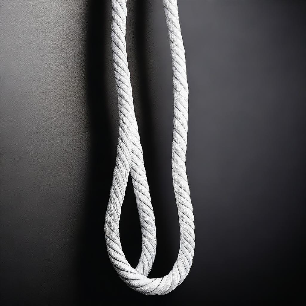 A detailed image of a white whip hanging on a black wall