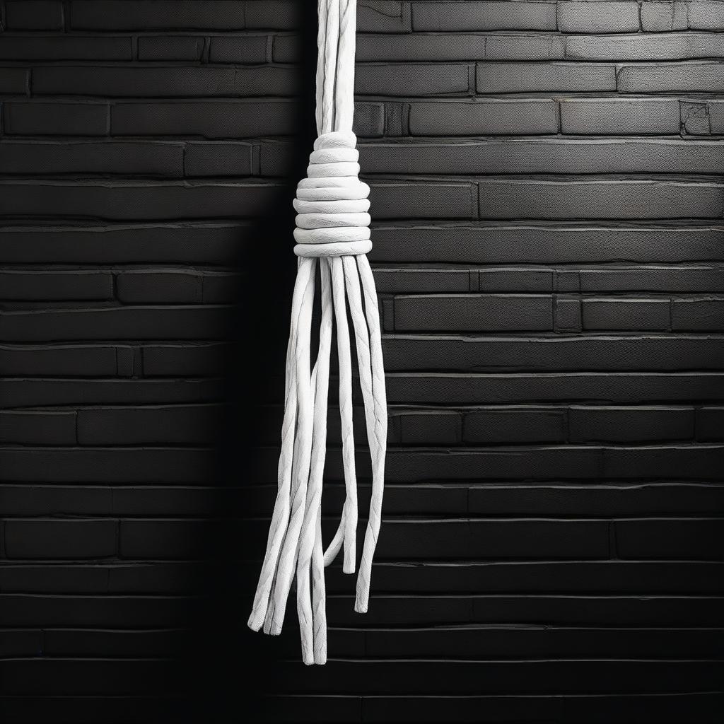 A detailed image of a white whip hanging on a black brick wall