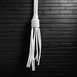 A detailed image of a white whip hanging on a black brick wall