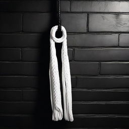 A detailed image of a white whip hanging on a black brick wall