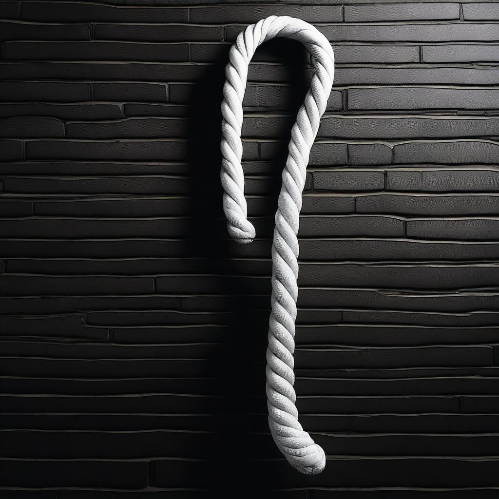 A detailed image of a white whip hanging on a black brick wall