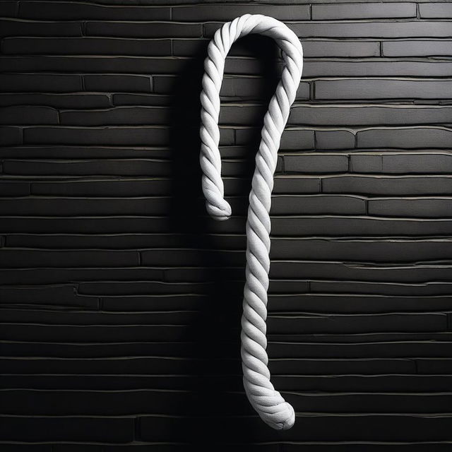 A detailed image of a white whip hanging on a black brick wall