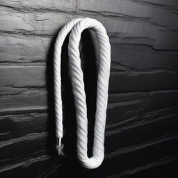 A detailed image of a white whip hanging on a black brick wall