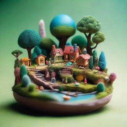 A miniature scene featuring a detailed, tiny world with intricate characters and settings