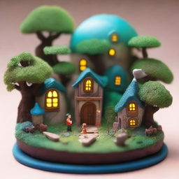 A miniature scene featuring a detailed, tiny world with intricate characters and settings